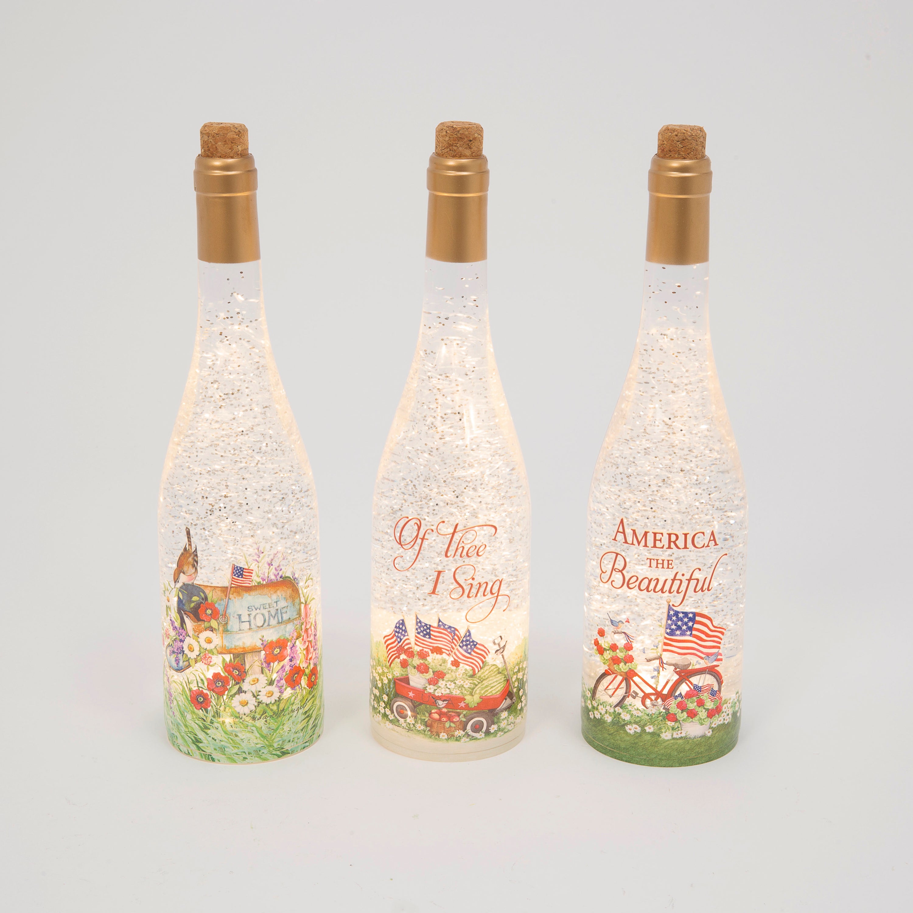 12.5 Inch Lighted Spinning Water Globe Bottles with Americana Design and Timer Set of 3 2574380EC